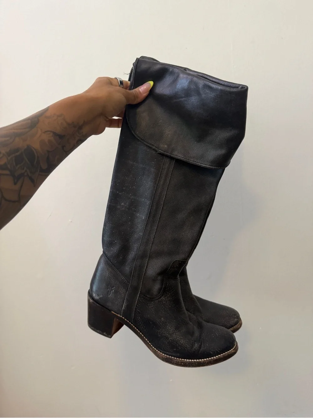Frye Black Fold-Over Over-the-Knee Leather Boots